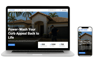 Mockup of the Umi Wash pressure washing company website displayed on a laptop and smartphone, featuring the headline 'Power-Wash Your Curb Appeal Back to Life' with service statistics below.